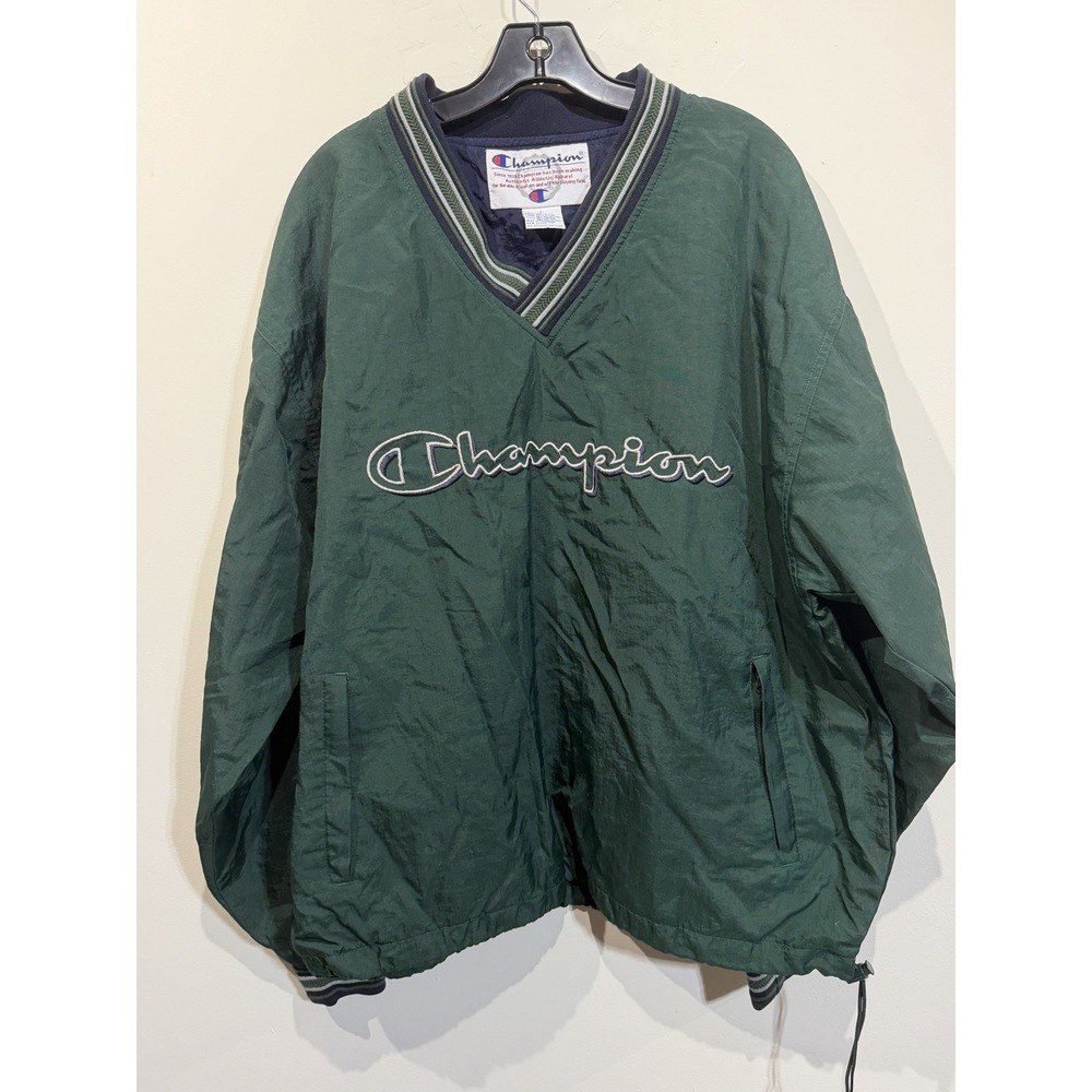 Vintage Champion Windbreaker L Green Nylon Pullover Script Logo Sport 90s